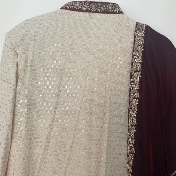 Burgundy and cream sherwani and shawl. - Picture 6 of 6